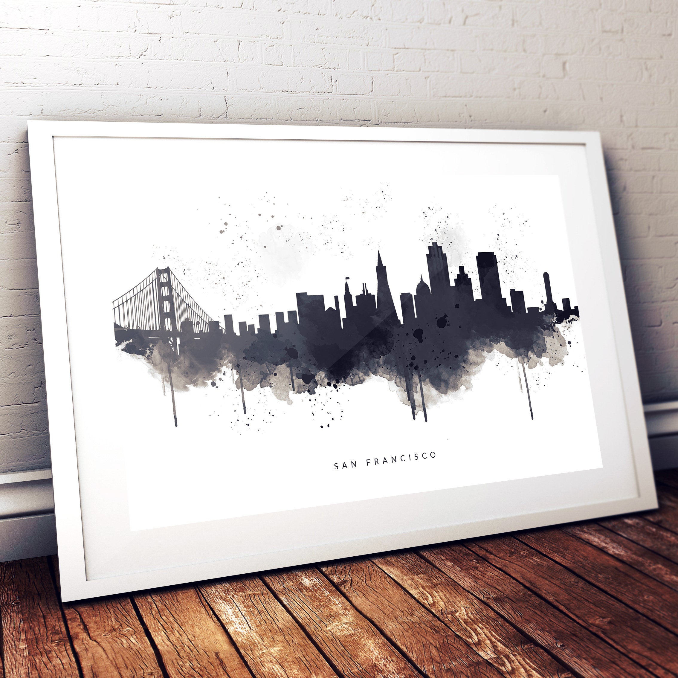 San Francisco City Skyline, Black & White Watercolour Abstract Art Print, White Background – Straightupart.com