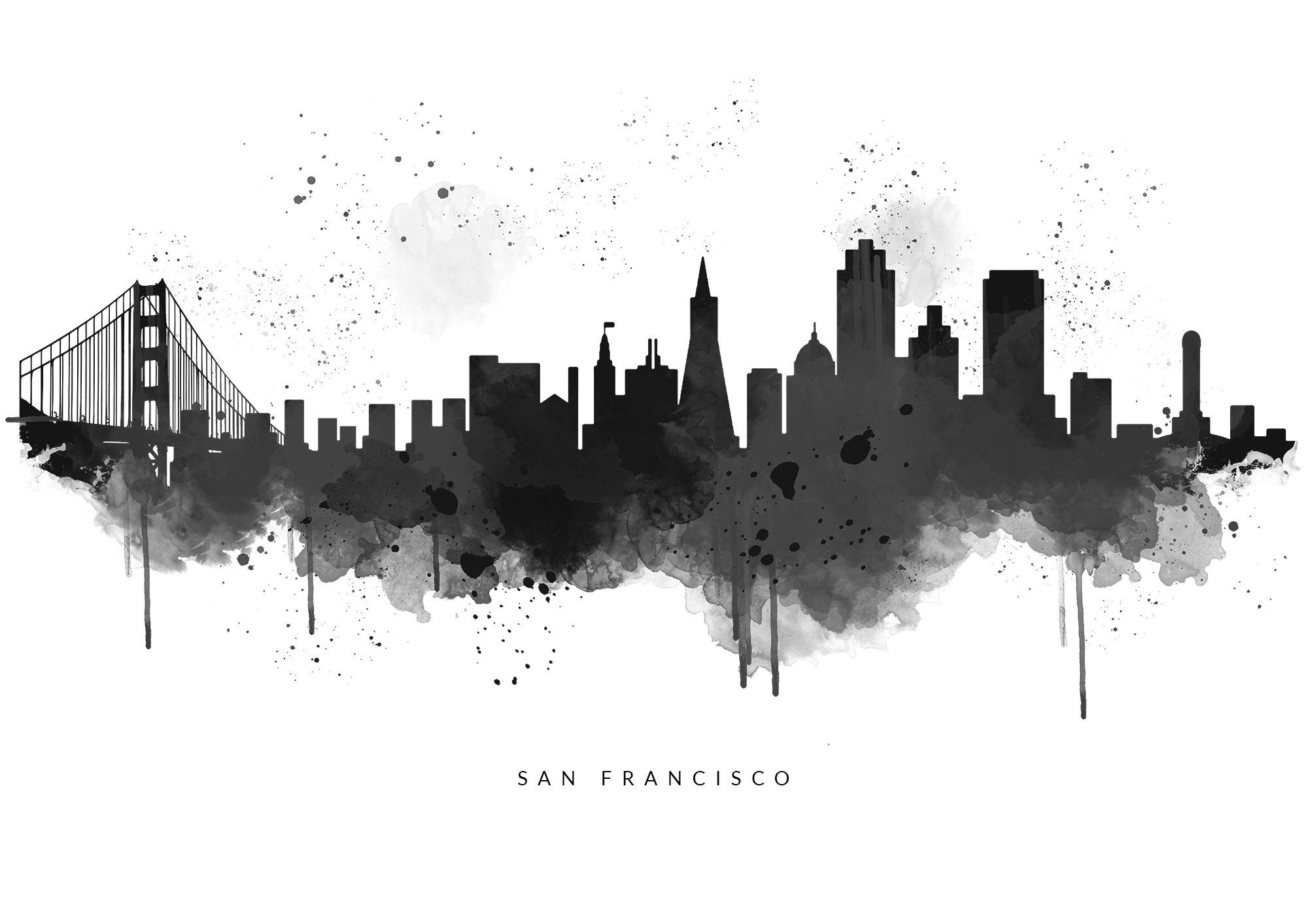 San Francisco City Skyline, Black & White Watercolour Abstract Art Print, White Background – Straightupart.com