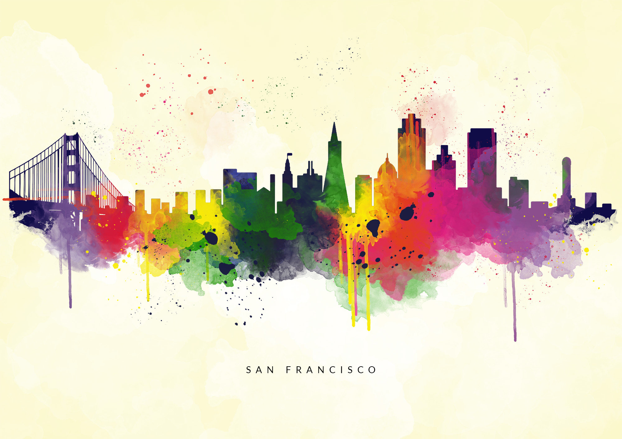 Portrait Cityscape, – Print, Abstract San Yellow Art Watercolour Background, Francisco Skyline, City Multicolour,