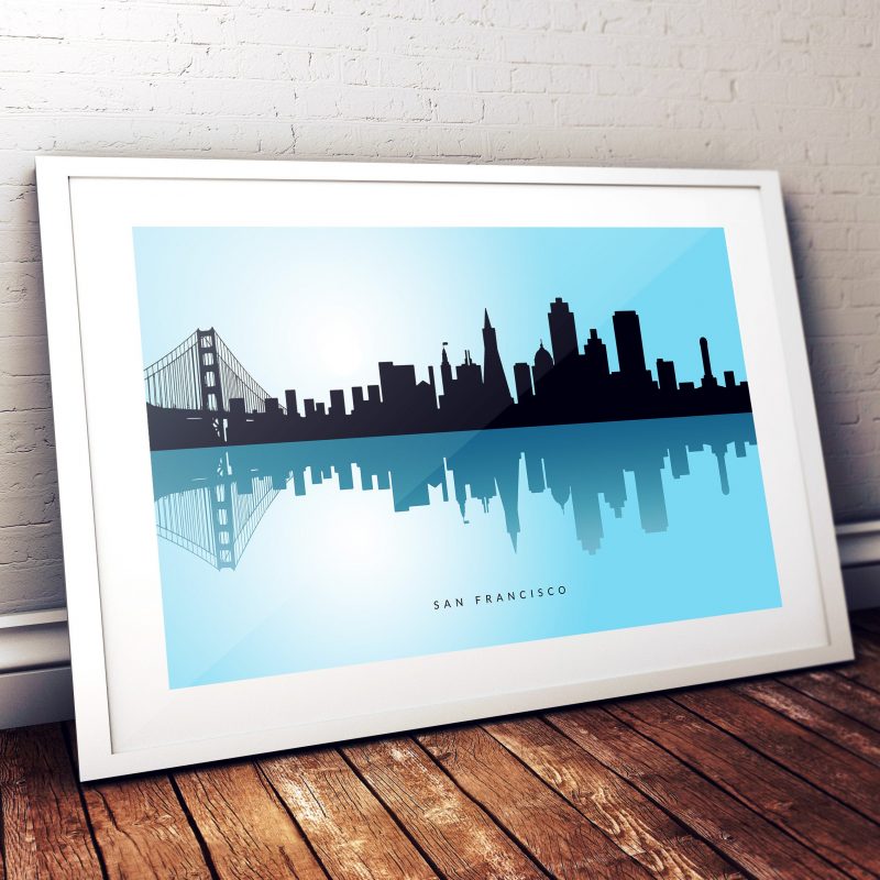 San Francisco Wall Art, City Skyline, Cityscape, Reflection Art Print,  Poster, Blue Background, Wall Art –