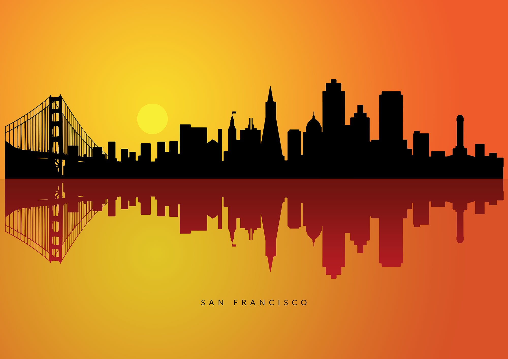 San Francisco Wall Art, City Skyline, Cityscape, Reflection Art Print,  Poster, Orange Background –